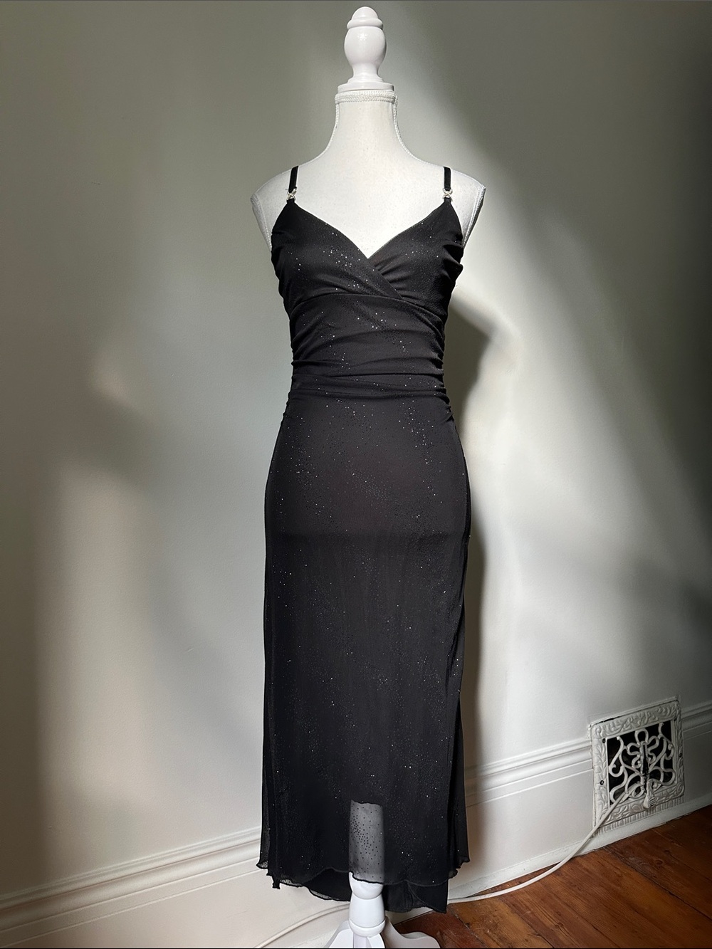 MARIPOSA Black Y2K Sparkle Sheer Whimsigoth Fairy Vamp Bodycon Midi Dress Small
